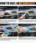 Step-by-step guide using Headlight Restoration Kit With 3 Easy Steps To Fix Sun Damaged Lights, DIY polish and lens cleaner.