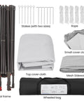 Components of 13x13 Pop Up Hexagonal Gazebo With Mesh Walls And Double Tiers including frame, stakes, ropes, covers, and mesh in gray.