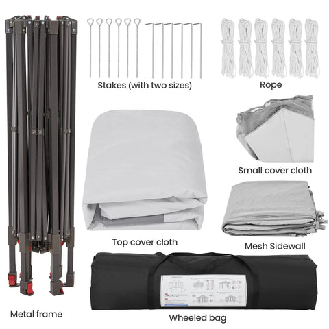 Components of 13x13 Pop Up Hexagonal Gazebo With Mesh Walls And Double Tiers including frame, stakes, ropes, covers, and mesh in gray.