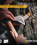 Roam Ready Guided Field Sharpener With Diamond Guides And Adjustable Wrench giving blade care on an axe outdoors.