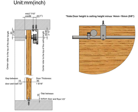 Diagram of installation for 6Ft Stainless Steel Flat Roller Ceiling Mount Sliding Barn Door Hardware Kit on wood door