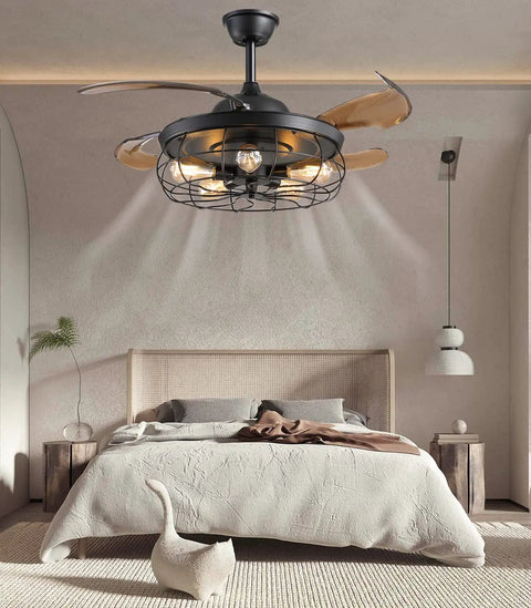 36 Inch Retractable Blade Ceiling Fan With Lights Remote Control in bedroom, industrial farmhouse chandelier vibe