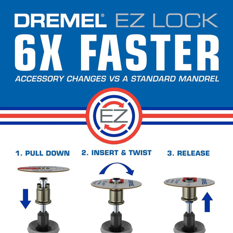 Front view of Dremel EZ Lock 6X Faster rotary tool accessory kit with EZ logo and three-step instructions