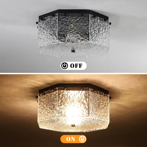 Hexagonal textured ceiling light in off and illuminated states showing design details