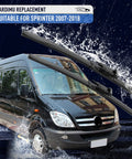 Premium Front Windshield Wiper Blades For Mercedes Benz Sprinter Two Piece All Season Road Hardened Set With Smear Free Glass Clarity And Straight Forward Drop In Install Years 2007 Through 2018 on van under rain.