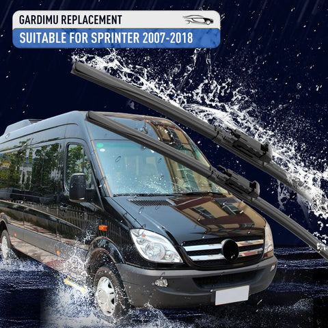 Premium Front Windshield Wiper Blades For Mercedes Benz Sprinter Two Piece All Season Road Hardened Set With Smear Free Glass Clarity And Straight Forward Drop In Install Years 2007 Through 2018 on van under rain.