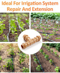 35 Pieces 1/2 Inch Barbed Tee Fittings For Drip Irrigation Tubing 3-Way Connector Set shown in use in garden beds.