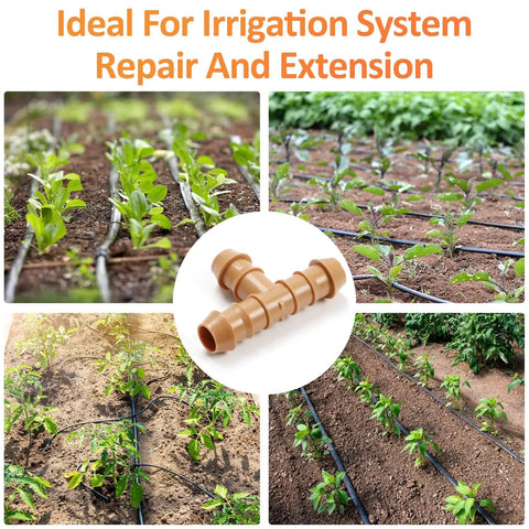 35 Pieces 1/2 Inch Barbed Tee Fittings For Drip Irrigation Tubing 3-Way Connector Set shown in use in garden beds.