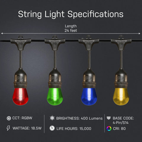 Smart WiFi String Lights 24 Inch 12 Pack Color Changing RGBW With Scheduling, bulbs lit in red, green, blue, and yellow