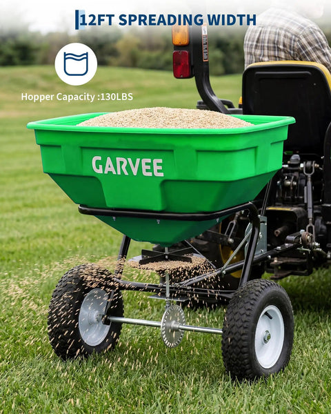 Heavy Duty Tow Behind Broadcast Spreader With 125 Lbs Hopper And 30 Settings 9.8 Ft Spread Universal Hitch For UTV ATV Or Tractor