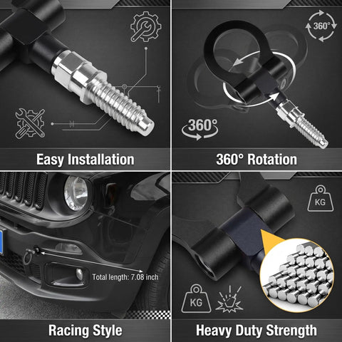 Straight Up Tough Car Front Bumper Tow Hook And Racing Style Screw On Trailer Pull Ring Heavy Duty Alloy Foldable D Ring For Universal European Thread Rigs Black with 360° rotation and easy installation
