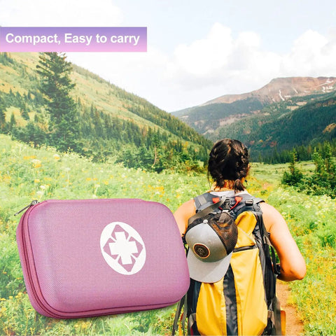 Hiker with backpack, pink 277Piece Compact Emergency First Aid Kit For Car Travel And Go To Outdoor Adventures in foreground.