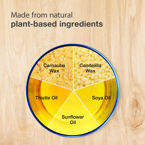 Wood Wax Finish Extra Thin Clear 1101 ingredients chart with plant-based waxes and oils on wood background