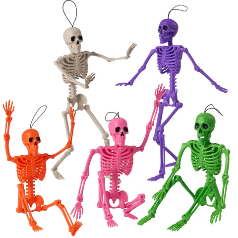 Spooky Hanging 16 Inch Posable Skeleton Set For Halloween Decor in colorful poses and hues for haunting displays