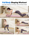 Heavy Duty Pilates Board And Versatile Ab Trainer Kit Engineered To Level Up Your Core Routine Featuring Anti Slip Handles Super Silent Rollers And Compact Home Gym Vibes In Pink shown in a full-body workout setting with exercises for abs, arms, and legs.