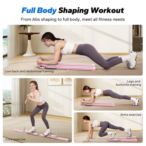 Heavy Duty Pilates Board And Versatile Ab Trainer Kit Engineered To Level Up Your Core Routine Featuring Anti Slip Handles Super Silent Rollers And Compact Home Gym Vibes In Pink shown in a full-body workout setting with exercises for abs, arms, and legs.