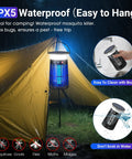 Outdoor Bug Zapper And LED Light Combo Portable Electric Mosquito Killer With Solar Panel Rechargeable Insect Trap hanging in a tent
