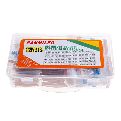 Metal Film Resistor Assortment Kit With 150 Values And 1500 Pieces, Half Watt, 1% Tolerance, shown in clear storage box