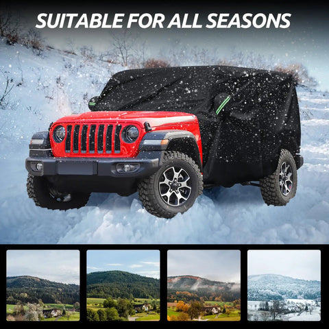 Jeep Wrangler 4 Door Cab Cover 2007-2025 JK JL All Weather Waterproof Cabin Coverage With Driver Door Zipper in snowy landscape