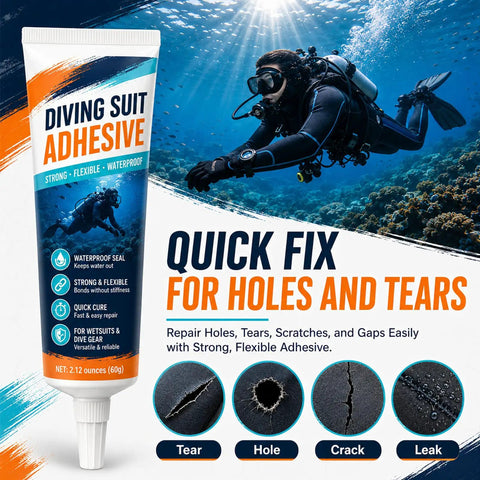 120 Gram Flexible Wetsuit Repair Adhesive Wader Patch Kit To Plug Holes Seal Cracks Mend Tears In Diving Suits with diving suit adhesive on underwater scene.