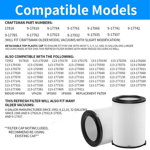 VF4000 Filter Replacement For Wet Dry Vacuums 5-20 Gallon, compatible models list shown with filter image