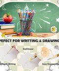 144 Count Attendance Pencils With Erasers in holder on classroom desk, books, chalkboard background, focus on tool and reward.