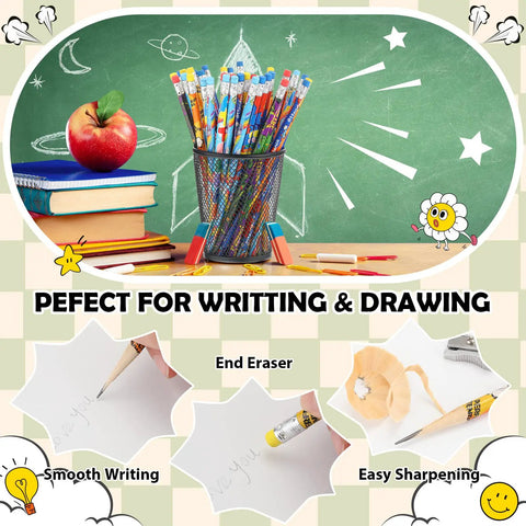 144 Count Attendance Pencils With Erasers in holder on classroom desk, books, chalkboard background, focus on tool and reward.