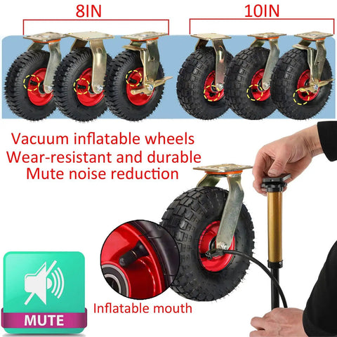 Kickass Industrial Pneumatic Casters With Locking Brake Set Of 4 showing 8in and 10in inflatable wheels with a pump.