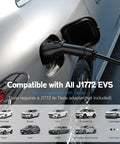 Portable Level 1 And Level 2 EV Charger With 20 Ft Cable connected to electric car, J1772 and Tesla adapter info displayed