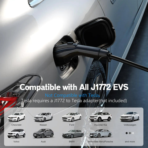 Portable Level 1 And Level 2 EV Charger With 20 Ft Cable connected to electric car, J1772 and Tesla adapter info displayed