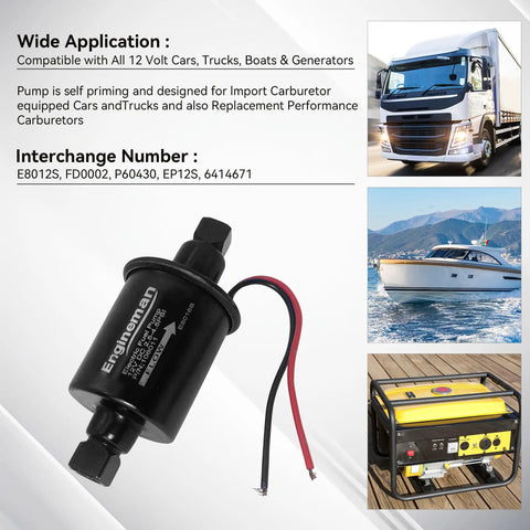 Heavy Duty 12V Inline Electric Fuel Pump Delivering Smooth 2.5 To 4.5 Psi Output with attachment wires for various vehicles.