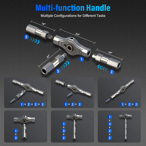 Multi-function handle with configurations for Precision Magnetic Screwdriver Set With S2 Steel Bits And Aluminum Handle, Compact Ratcheting Repair Kit.