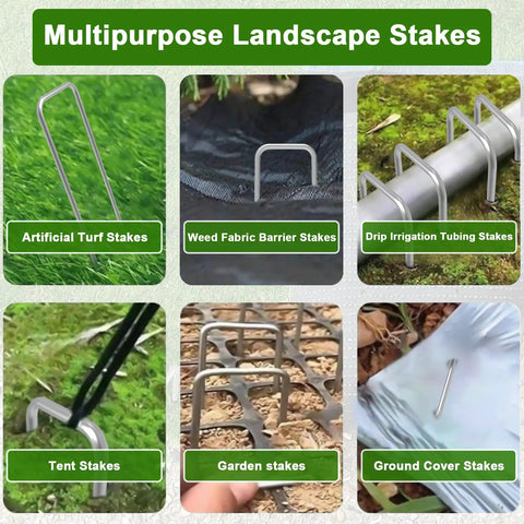 Image showing applications of Heavy Duty Tough As Nails 11 Gauge 6 Inch Landscape Staples for garden and lawn installations.