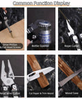 15 In 1 Multitool Pliers with spring-loaded head showing functions like bottle opener, wire cutter, and wood saw.