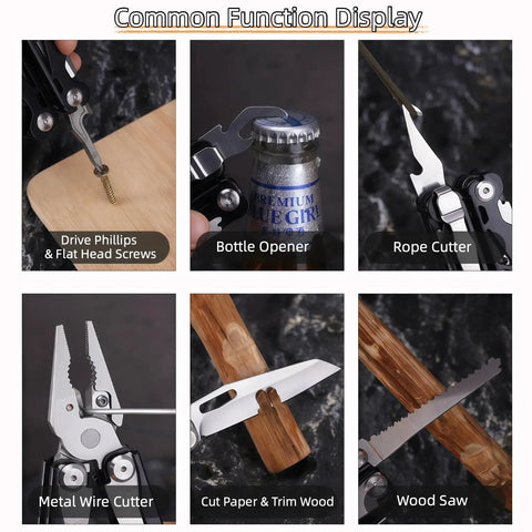 15 In 1 Multitool Pliers with spring-loaded head showing functions like bottle opener, wire cutter, and wood saw.