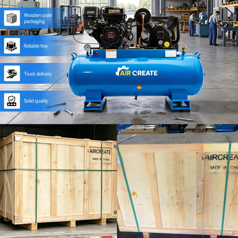 Heavy Duty 9HP Gas Air Compressor With 40 Gallon ASME Tank. High Performance 21 CFM Flow At 175 PSI For Jobsite Demands. Features Electric Start, 302CC Engine, Two Cylinder Pump Head, Dual Tank Design, And Powerful Output Port For Heavy Tools