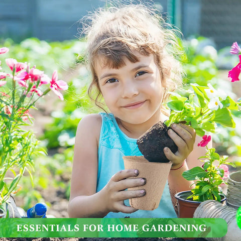 Child using Seed Starter Kit For Indoor And Outdoor Gardening With 10 Plastic Growing Trays, 180 Peat Pots With Drainage Holes, 30 Plant Labels.
