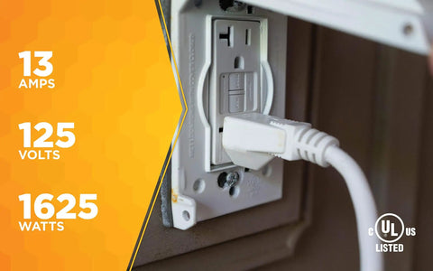 Outdoor Extension Cord For Landscape And Patio Use, Light Duty 16/3 Gauge, 20 Foot Power Cable plugged into outlet