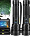 Ultra Bright USB Rechargeable LED Flashlight 2 Pack With High Lumen Performance Beast Mode, black with textured grip and charging case