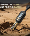 Pro-Grade Digital Torque Wrench 1/4 Drive With LED Display lying in desert sand, showcasing LCD screen and control buttons.
