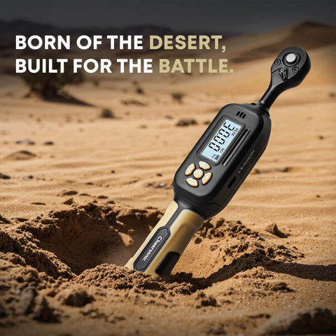 Pro-Grade Digital Torque Wrench 1/4 Drive With LED Display lying in desert sand, showcasing LCD screen and control buttons.