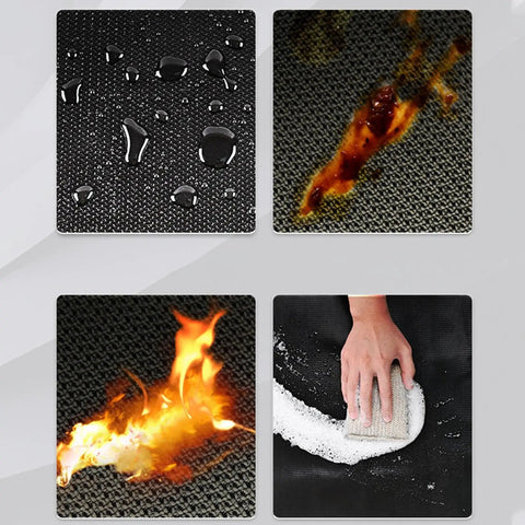 Rugged Waterproof Silicone Fire Mat 36x36 Inch with Dual Layer Thermal Barrier showing water, stain, flame, and cleaning tests.