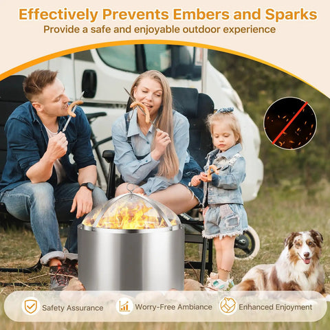 Family using Fire Pit Spark Screen For 19.5 Inch Bonfire, Stainless Steel Shield With Removal Handle in outdoor setting