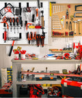 Workshop displaying Six Piece Slatwall Screwdriver Holders Set with three styles, installed with tools on gray slatwall panel