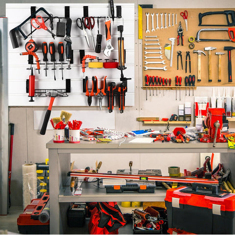 Workshop displaying Six Piece Slatwall Screwdriver Holders Set with three styles, installed with tools on gray slatwall panel