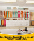 Total Glow Up For Your Space With Massive Freestanding Modular Closet System Featuring Solid Wood Drawers Hanging Rods And Shelves In White For Effortless Clutter Crushing with colorful dresses and organized storage.