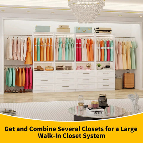 Total Glow Up For Your Space With Massive Freestanding Modular Closet System Featuring Solid Wood Drawers Hanging Rods And Shelves In White For Effortless Clutter Crushing with colorful dresses and organized storage.