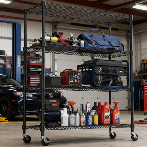 Heavy Duty 4 Tier Metal Storage Shelving Unit With Wheels For Garage Pantry Kitchen Basement Black, 1400 Lbs Total Capacity, 47.2 Inches Wide, 62.7 Inches High, 17.7 Inches Deep, Adjustable Wire Shelves in garage with tools and bottles