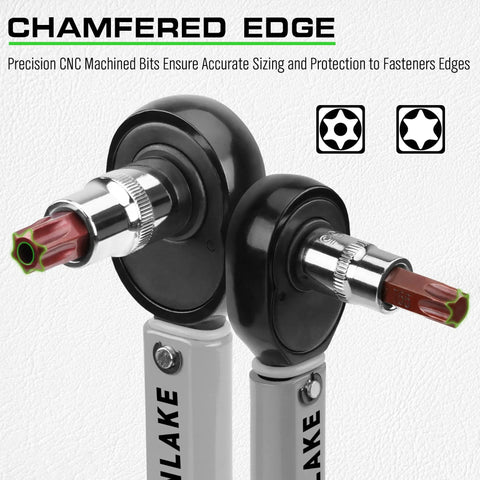 Close-up of 34 Piece Torx Bit Socket Set with Tamper Proof T6 to T70 Security Bits, featuring chamfered edge, pro grade.