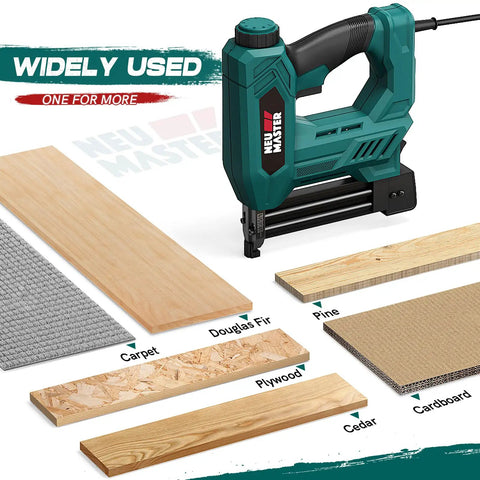 Ready To Rock Electric Brad Nailer And 2 In 1 Staple Gun With Smooth Spiral Drive for wood, carpet, and cardboard materials.
